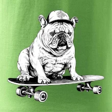 Čiernobiely buldog na skateboarde