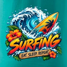 Surfové prkno a mořská vlna eat sleep repeat