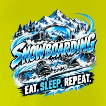 Snowboard s horským sněhem eat sleep repeat