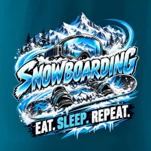 Snowboard s horským sněhem eat sleep repeat