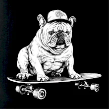 Čiernobiely buldog na skateboarde