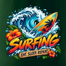 Surfové prkno a mořská vlna eat sleep repeat
