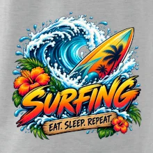 Surfové prkno a mořská vlna eat sleep repeat