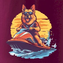 Nemecký ovčiak na vodnom skútri