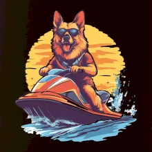 Nemecký ovčiak na vodnom skútri