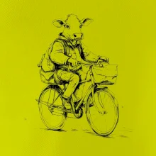 Krava v obleku na bicykli