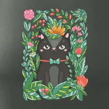 Mačka s kvetmi maľované