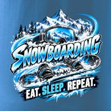 Snowboard s horským sněhem eat sleep repeat