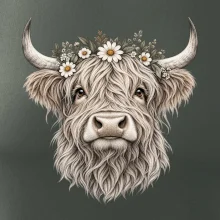 Highlandská krava s kvetinami