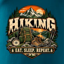 Turistický batoh v horách eat sleep repeat