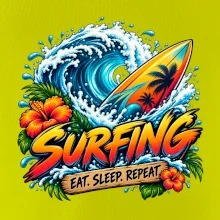 Surfové prkno a mořská vlna eat sleep repeat