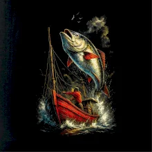 Obrázok červená loď a ryba