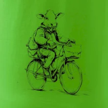 Krava v obleku na bicykli