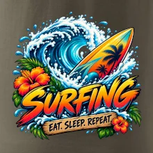 Surfové prkno a mořská vlna eat sleep repeat
