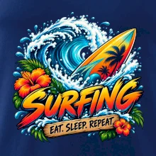 Surfové prkno a mořská vlna eat sleep repeat