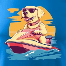 Zlatý retriever na vodnom skútri