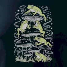 Goblincore frogs and various mushrooms