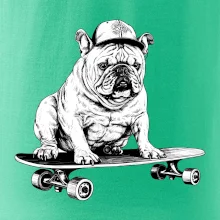 Čiernobiely buldog na skateboarde