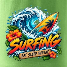 Surfové prkno a mořská vlna eat sleep repeat