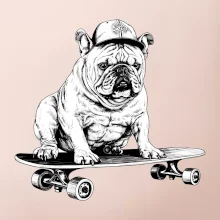 Čiernobiely buldog na skateboarde