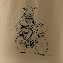 Krava v obleku na bicykli
