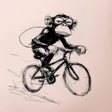 Opice s batohom na bicykli