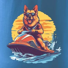 Nemecký ovčiak na vodnom skútri