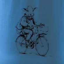 Krava v obleku na bicykli