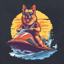 Nemecký ovčiak na vodnom skútri