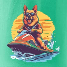 Nemecký ovčiak na vodnom skútri