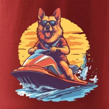 Nemecký ovčiak na vodnom skútri