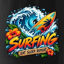 Surfové prkno a mořská vlna eat sleep repeat