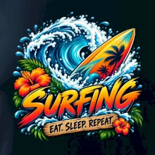 Surfové prkno a mořská vlna eat sleep repeat