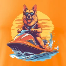 Nemecký ovčiak na vodnom skútri