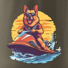 Nemecký ovčiak na vodnom skútri