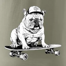 Čiernobiely buldog na skateboarde