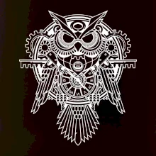 Steampunk sova čiernobiela