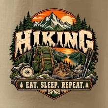 Turistický batoh v horách eat sleep repeat