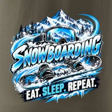 Snowboard s horským sněhem eat sleep repeat