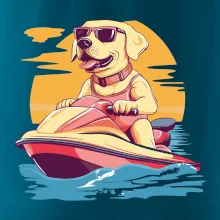 Zlatý retriever na vodnom skútri