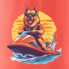 Nemecký ovčiak na vodnom skútri