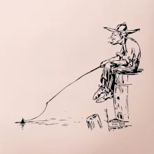 Kreslený rybár na pni