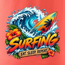 Surfové prkno a mořská vlna eat sleep repeat