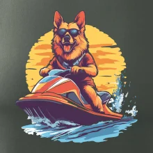 Nemecký ovčiak na vodnom skútri