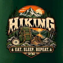 Turistický batoh v horách eat sleep repeat