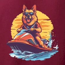 Nemecký ovčiak na vodnom skútri