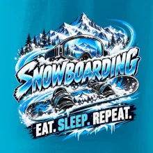Snowboard s horským sněhem eat sleep repeat