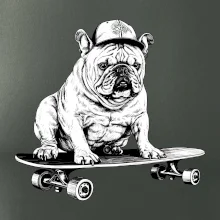 Čiernobiely buldog na skateboarde