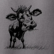 Čiernobiela karikatúra krava stojaca