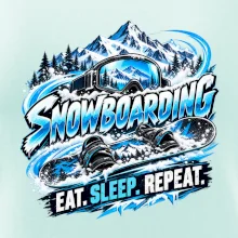 Snowboard s horským sněhem eat sleep repeat